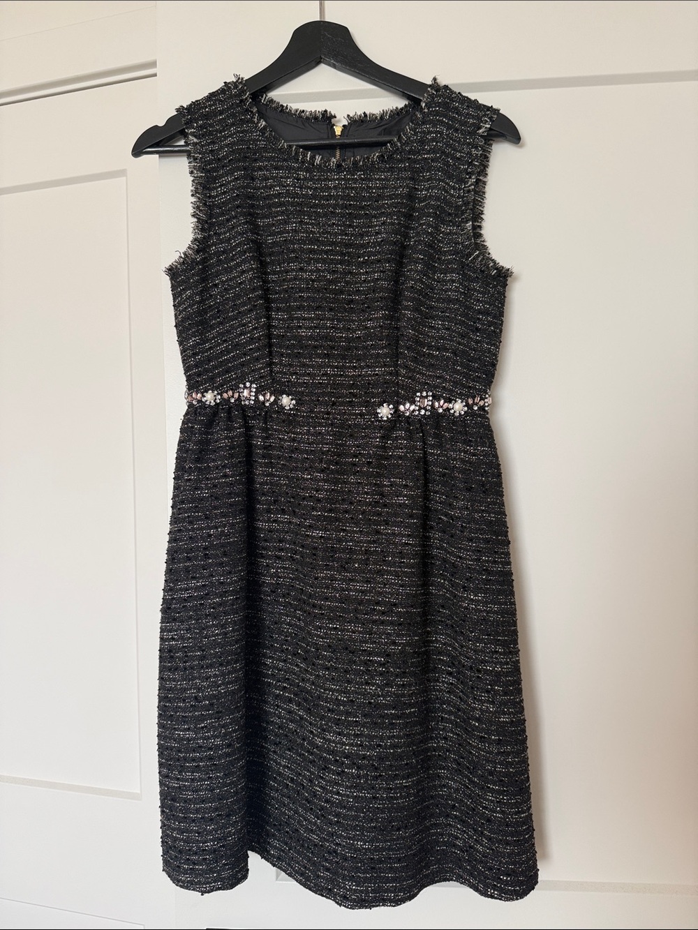 Jill Stuart Black Tweed Midi Dress with Crystal Waist Detail